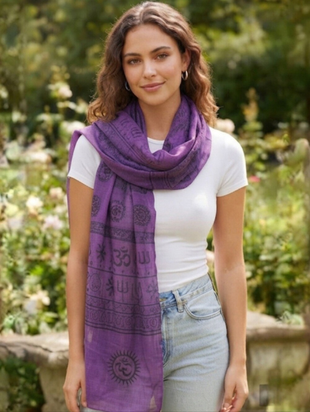 Boho Hippie Purple Black Om Sun Meditation Scarf Wrap Shawl From India Rayon